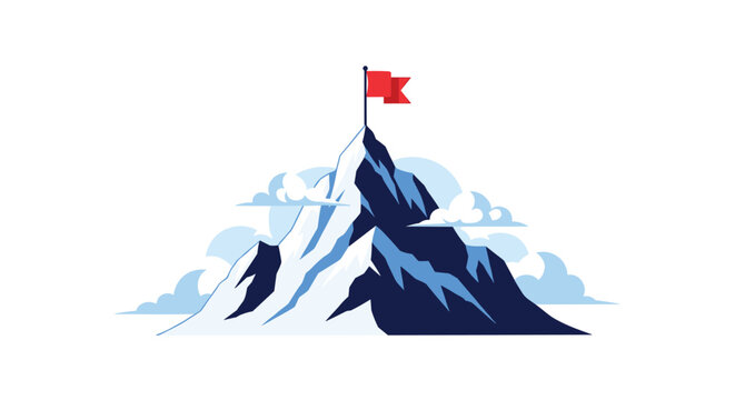 Red flag planted on the snowy peak of a high mountain above the clouds to symbolize achievement, success, and reaching your goals.
