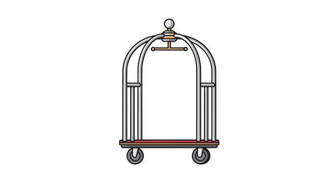 Silver metallic luggage cart or bellhop trolley with four wheels and a hanging bar for transporting bags in hotels and travel hubs.