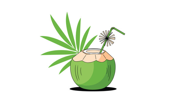 Fresh green coconut with a hole cut for a drinking straw and a decorative palm leaf behind it representing tropical beach relaxation.