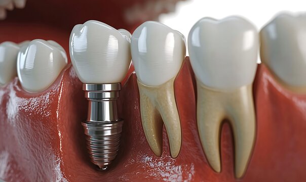 Dental implant with titanium screw and tooth crown alongside molars.