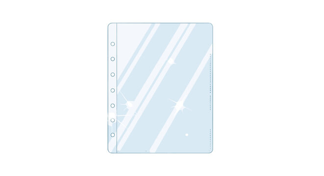 Clear plastic sheet protector for binder folders showing shiny reflections and punched holes on the left side against a white background.