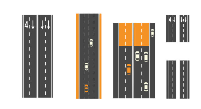 Top down view of a multi lane highway graphic showing various cars driving along the road with different lane markings and traffic flow.
