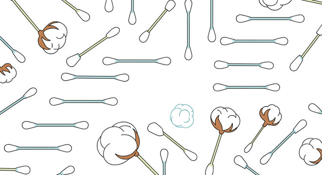 Seamless pattern of white cotton swabs and soft cotton bolls used for personal hygiene and medical care on a neutral white background.