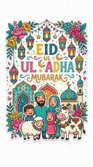 Fototapeta premium Eid Ul Adha Mubarak Greeting Card Design | Colorful Floral Cartoon Islamic Clipart Sticker