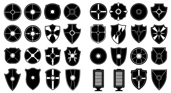 Collection of medieval shields and round shields in silhouette style featuring various shapes and designs perfect for historical or fantasy themed projects isolated on white