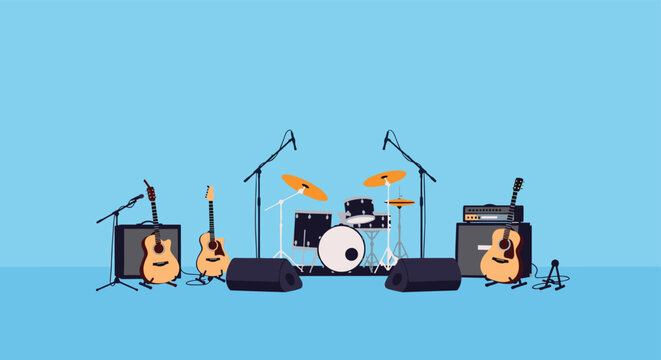 Complete musical band setup on a stage featuring a drum set, acoustic guitars, amplifiers, and microphones against a blue backdrop.