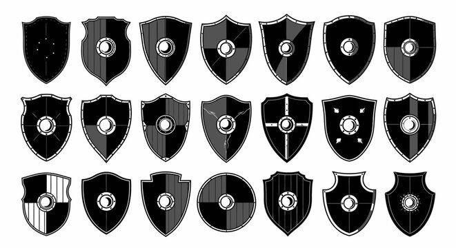 Collection of diverse medieval and fantasy style shields featuring various shapes and decorative metal emblems isolated on a clean white background ready for game design
