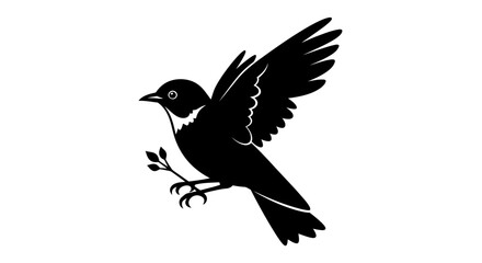 Obraz premium Elegant silhouette of a small songbird in flight with delicate twig and leaves isolated on white background symbolizing freedom nature and new beginnings