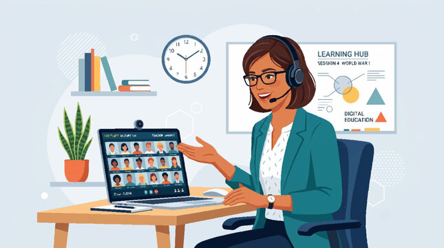Businesswoman conducting a remote virtual meeting from her home office.