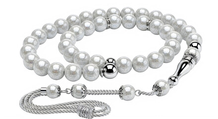 Obraz premium White pearl tasbih prayer beads with silver metallic tassel for spiritual islamic practice.