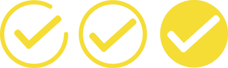 Yellow check mark icons set in circle and outline isolated on transparent background png file type © Photix Studio