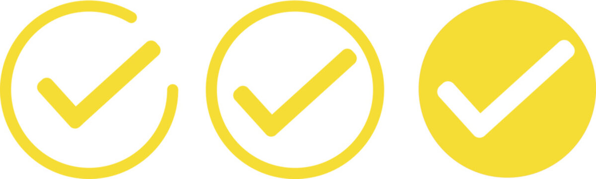 Yellow check mark icons set in circle and outline isolated on transparent background png file type