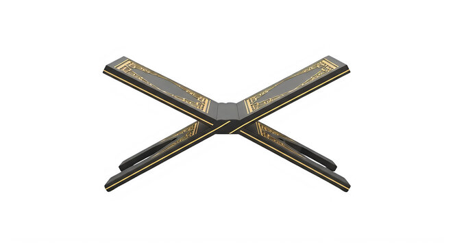 Decorative wooden rehal book stand with gold ornaments for holy quran reading ceremonies.