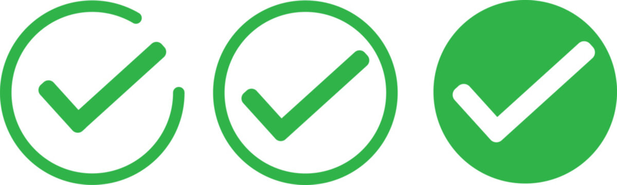 set of green check mark icon inside open circle approved success concept