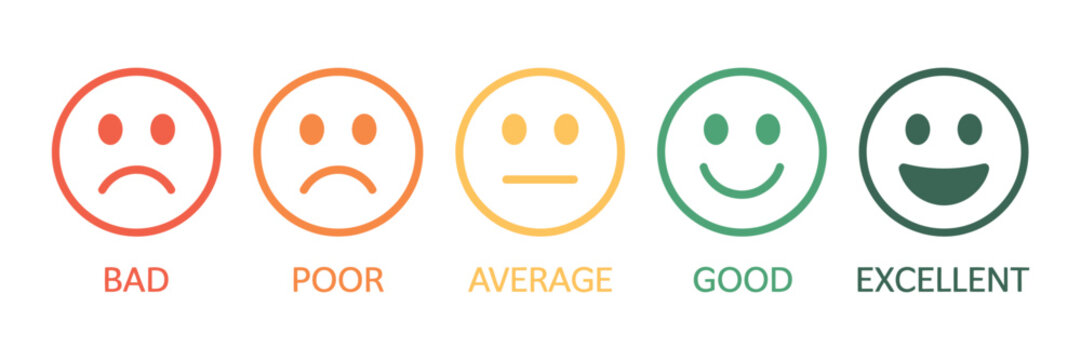 Rating emoji icon set in stroke style for customer feedback, featuring bad, poor, average, good, and excellent evaluations.