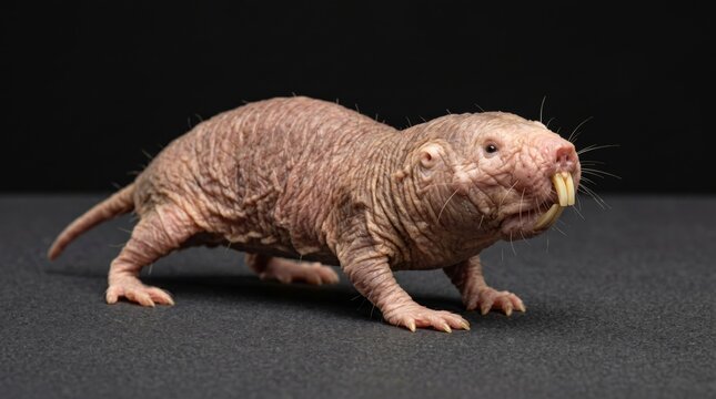 Rare naked mole rat portrait with wrinkled skin texture and dramatic lighting, ideal for biology and exotic animal concepts.