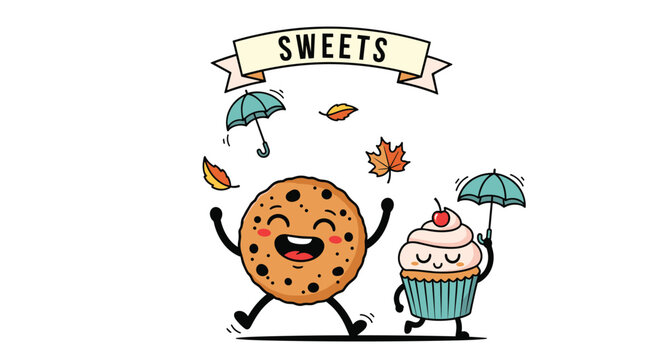 Joyful cookie and cupcake characters dancing under falling autumn leaves and umbrellas with a decorative sweets banner.