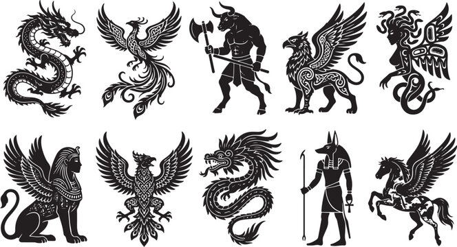 Mythical Creatures Silhouette Set Vector Collection &ndash; Dragon Phoenix Griffin Pegasus and Fantasy Beasts