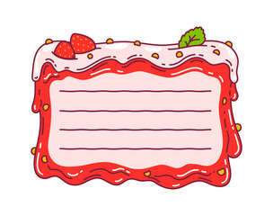 Ripe red strawberry kids memo note frame. Adorable label with icing and space for notes. Vector emblem decorated with berries, sprinkles and mint leaf. Template for recipe cards, gift tags, journaling © Seavector
