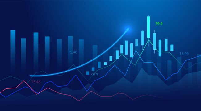 Modern financial chart illustrating stock market growth with upward trend and candlestick patterns on gradient background