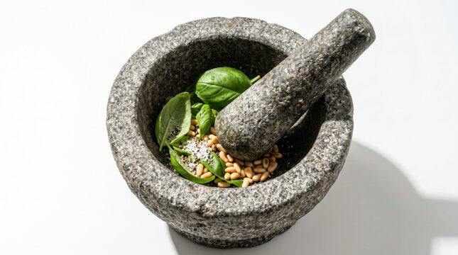 Traditional stone mortar and pestle filled with fresh herbs and spices, ideal for cooking, herbal and culinary concepts.