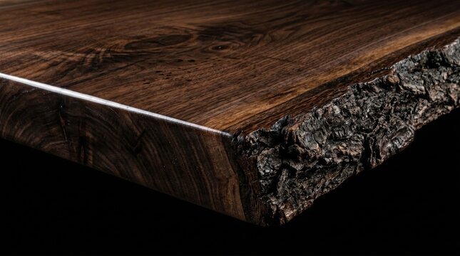 Detailed rustic wooden table edge with rich natural texture and dark tones, ideal for furniture, carpentry and interior design backgrounds.
