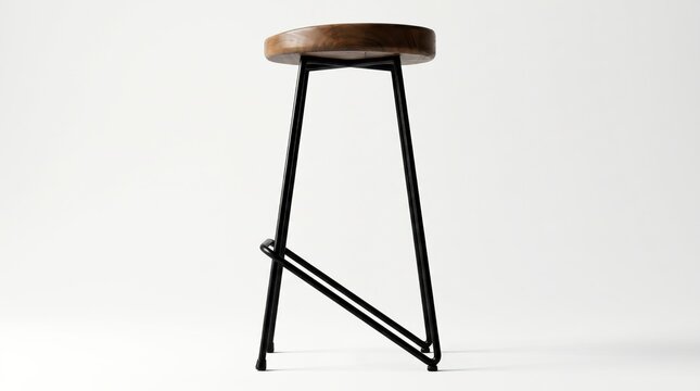 Modern industrial bar stool with wooden seat and metal frame isolated on clean background for furniture and interior design concepts.