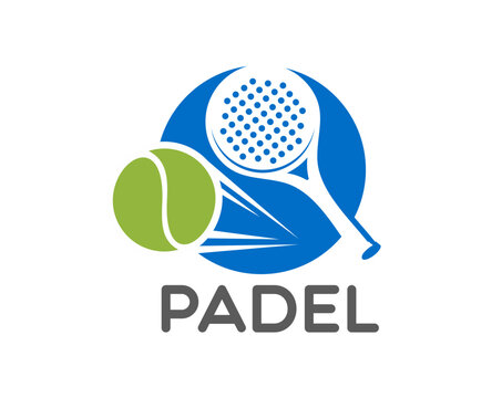Padel tennis sport icon for paddle sporting emblem or club and team players badge in vector. Padel tennis icon of paddle racket or paddle racquet and ball in motion for sport club tournament
