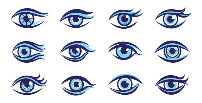 Set of twelve blue human eyes with stylized eyelashes in a flat graphic illustration style