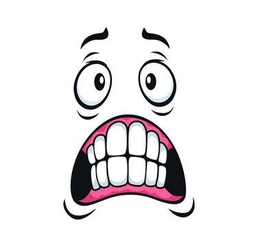 Cartoon face expression emoji, scared emotion. Exaggerated frightened face with round bulging eyes and gaping mouth with large teeth. Vector cartoon face for social media and entertainment project