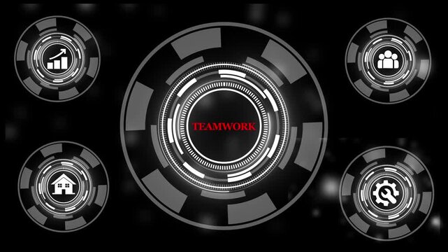 Futuristic digital interface featuring animated teamwork concept with rotating circular hud data analytics business growth graphs, and technical gear symbols for corporate presentations