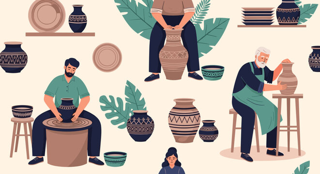 Artisans and professional potters working on clay vessels in a studio filled with decorated ceramic pots and plants.
