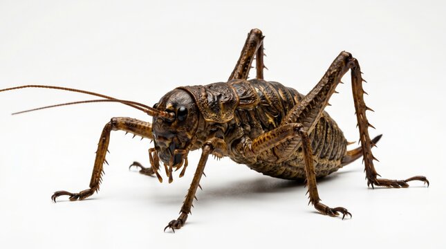 Macro closeup of brown cricket isolated on clean white background with detailed texture and realistic insect anatomy.