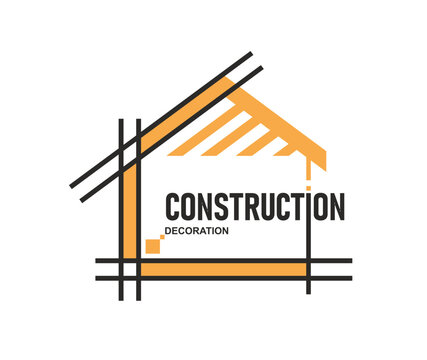 Building construction icon featuring stylized black yellow house silhouette. Geometric vector emblem with roof and walls for real estate developers, construction companies and renovation design