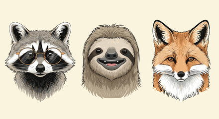 Obraz premium Collection of expressive animal head portraits featuring a curious raccoon with glasses, a smiling sloth, and a red fox.