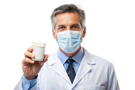 Male doctor in face mask holding medical container for test sample isolated on white