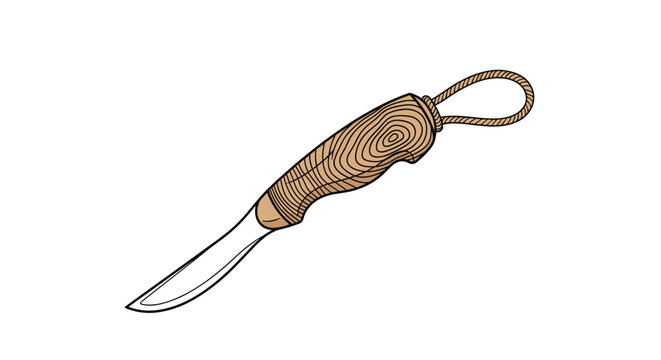 Traditional handcrafted hunting knife with a curved blade and a textured wooden handle on a white background.