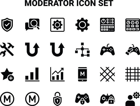 Comprehensive moderator interface toolkit containing essential administrative symbols for professional community management and online platform supervision