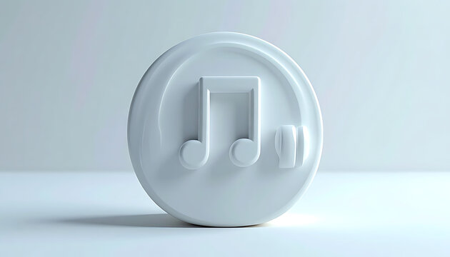 3D render of a glossy white musical note icon with earphones on a clean light gray background, representing audio and sound