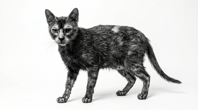 Detailed black cat standing on clean white background with realistic fur texture and attentive pose for pet, animal and feline concepts.