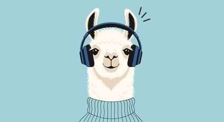 Fototapeta premium Stylish minimalist llama portrait wearing blue headphones on a plain light blue background for modern wall decor.