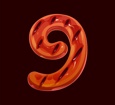 Barbecue font or BBQ cartoon typeface for barbeque English alphabet, vector ABC type. Number 9 Nine in shape of grill sausage or BBQ meat wurst for creative typeface and barbecue grill food type