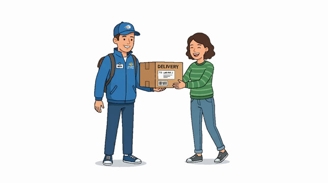 Delivery courier handing over a cardboard package to a happy female customer.