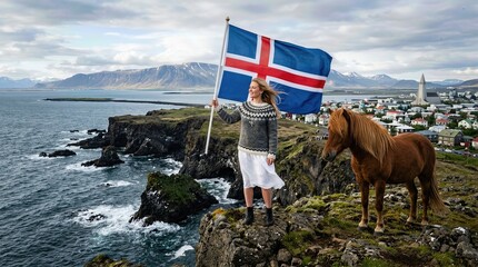 Icelandic woman holding national flag, commemorating independence day holiday, standing next to a horse on rugged coastal cliff, overlooking expansive ocean with distant mountain scenery.