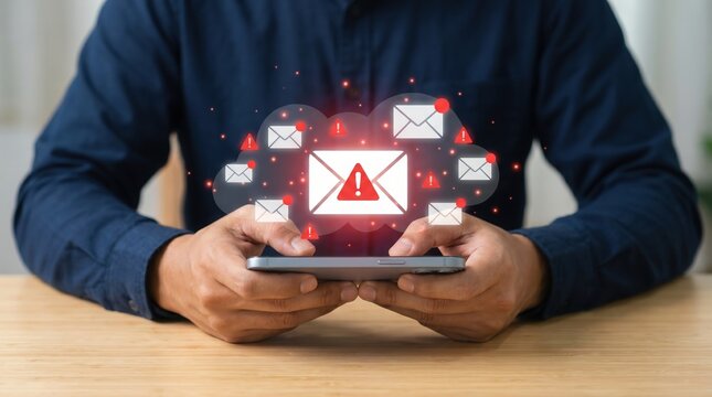 Man holding smartphone receiving multiple spam email alerts with red warning icons floating above the screen indicating cyber security threats and phishing