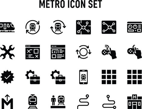 Collection of solid black subway and public transportation glyph icons for urban transit system navigation