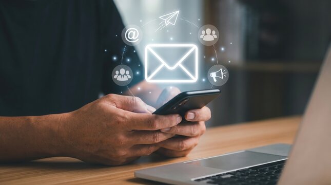 Professional using smartphone with digital email marketing icons for business communication strategy and customer engagement on a wooden desk in a modern office