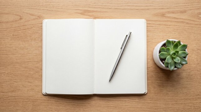 Open notebook with pen on wooden desk