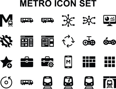 Collection of black metro transportation and interface glyph icons for urban navigation and system management