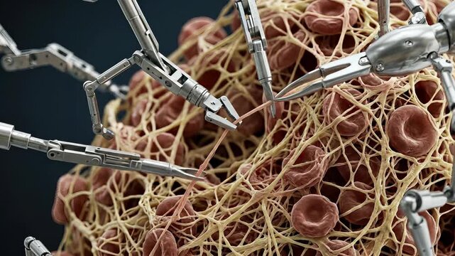 Nanorobot manipulating blood clot fibrin structure, demonstrating advanced nanotechnology medical intervention, tiny mechanical arms performing cellular repair.